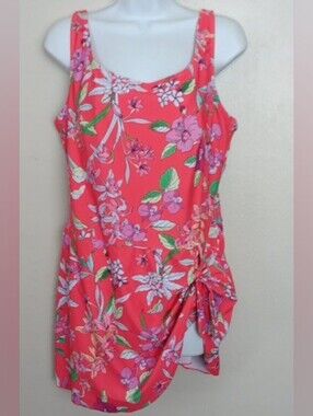 Rotita Coral Side-knot Swimdress Vibrant Tropical Print Built In Briefs Sz XL